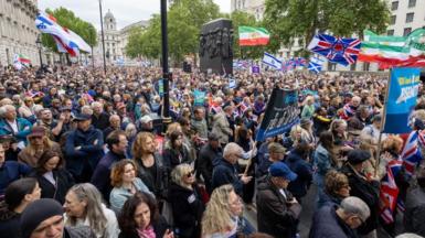 Protesters gather at a rally against antisemitism outside Downing Street in London on May 10 - a sea of people stand with placards and flags.