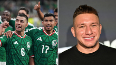 Split image of Mexico players celebrating after their World Cup win over Ecuador, plus Stephen Deleonardis at the 2024 PrizePicks World Championship 
