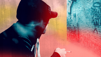 Montage of an anonymous young man in hoodie and cap smoking a roll-up while looking away from the camera towards a graffiti'd wall