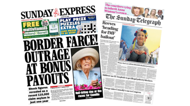 The Sunday Express says "Border farce! Outrage at bonus payouts". The Sunday Telegraph says "Reeves 'heading for IMF bailouts".