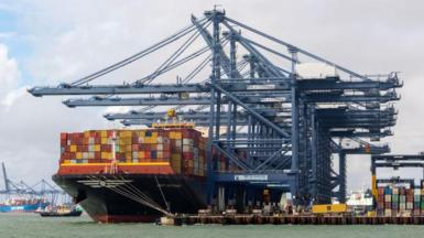 Large container ship being loaded at the Port of Felixstowe