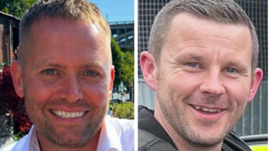 Pictures of the two officers. Both are smiling. PC Blades has smart stubble and short fair hair. PC Clough also has stubble and short dark hair.