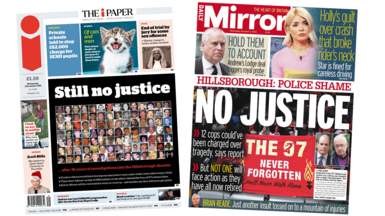 A composite image of the front pages of the Daily Mirror and the i Paper. The headline of the former reads "still no justice" and one on the latter reads "Holly's guilt over crash that broke rider's neck".