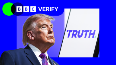 A BBC Verify thumbnail with Trump in the centre and the word 'Truth' written behind him.