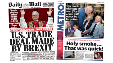The front pages of the Daily Mail and the Metro are both pictured. The headline on the front page of the Daily Mail states "U.S. trade deal made by Brexit". "Holy smoke.. That was quick!" exclaims the front page of the Metro. 