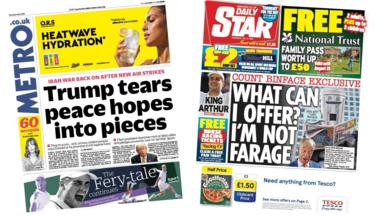 A composite of the front pages of the Metro and the Daily Star on 9 July 2026.
