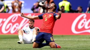 Mikel Merino celebrates his winning goal for Spain