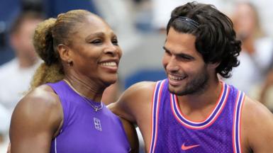 Serena Williams and Carlos Alcaraz laugh together during the US Open mixed doubles competition