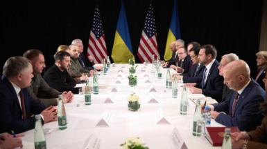 Ukraine's President Volodymyr Zelensky (3-L) during a meeting with US Vice President JD Vance (3-R) in Munich, Germany, 14 February 2025, on the sidelines of the annual Munich Security Conference (MSC).