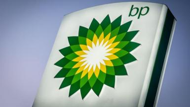A large BP sign, with the green and yellow geometric flower logo.