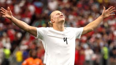 Erling Haaland celebrates scoring for Norway