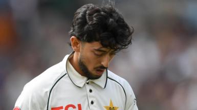 Azan Awais looks dejected after dismissal in first Test