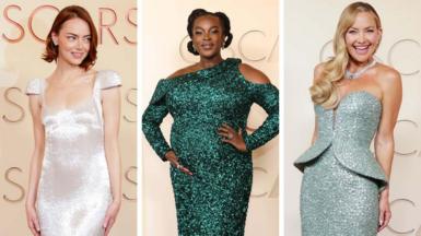 A composite image shows Emma Stone on the right, Wunmi Mosaku in the middle, and Kate Hudson on the right, all in eye-catching dresses at the Oscars red carpet.