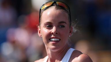 Keely Hodgkinson smiles after winning her women's 800m heat in Birmingham