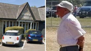Comp image of The Crow's Nest Pub exterior with a blue car parked in front of the entrance and a man in a hat and a white shirt.