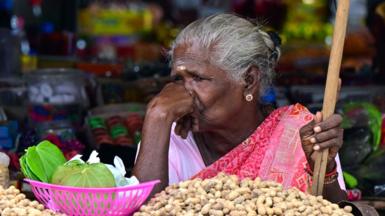 In this photograph taken on September 7, 2024, a woman selling peanuts waits for customers at her roadside stall in Jaffna, a northern port city of Sri Lanka. Many among the island's Tamil minority are hoping that presidential polls on September 21, the first since the economic meltdown, will bring financial stability. 