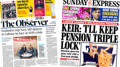 The headline in the Observer reads, "Exclusive: top Tory MP defects to Labour in fury at NHS crisis", while the headline in the Express reads, "Keir: 'I'll keep pension triple lock'".