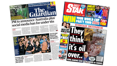 The headline on the front page of the Guardian reads: “PM to announce 'Australia plus' social media ban for under-16s”. The headline on the front page of the Daily Star reads: “They think it's oil over...”.