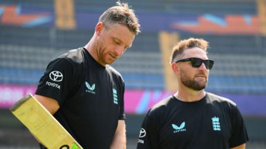Head coach of England Brendon McCullum and Jos Buttler of England during an ICC Men's T20 World Cup India & Sri Lanka 2026 net session at Wankhede Stadium