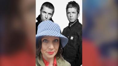 selfie photograph of BBC weather presenter Alex humphreys wears a blue and white stripe bucket hat and smiles at camera. She has blue eyes and black bob. She stands infront of a poster of Oasis stars Liam and Noel Gallagher.
