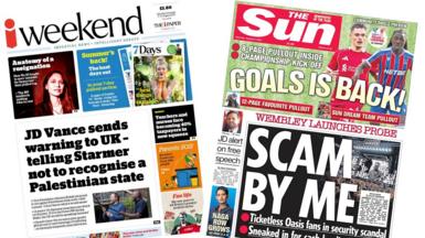 A composite image of the front pages of the i Paper and the Sun on 9 August 2025