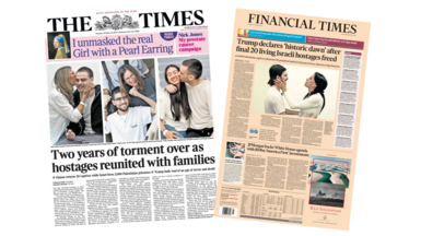 The headline on the front page of the Financial Times reads: "Trump declares 'historic dawn' after final 20 living Israeli hostages freed". The headline on the front page of the Times reads: "Two years of torment over as hostages reunited with families".