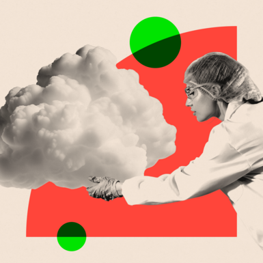 A woman in a lab coat moves a cloud