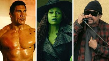 A composite image showing Dwayne Johnson in the film The Smashing Machine, Cynthia Erivo in the film Wicked, and Leondardo Dicaprio in the film One Battle After Another.