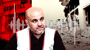 A man with a shaved head wears a black shirt with a white vest, super imposed against an image of a bombed hospital 