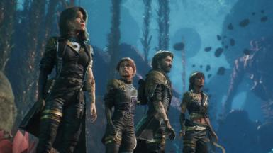 An in game screenshot of Clair Obscur Expedition 33. Four characters are standing looking concerned as rocks are flung in the background.