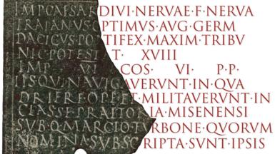 This is an image of a rectagular bronze inscription which has been broken in half. The text on the right hand side is missing but has been shown as restored by AI with its predicted text
