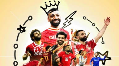 Footballer Mohamed Salah is shown at various stages of his career wearing the kits of his different clubs, and in many celebratory postures.