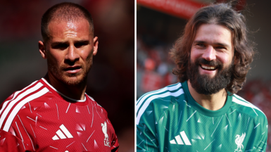 Alexis Mac Allister and Alisson during Liverpool's final game of the 2025-26 season