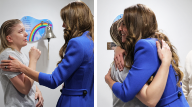A split screen of the Princess of Wales hugging a cancer surviver in hospital. In the first picture we see the female patient's face and bell in background and the side of kate's face and in the second we see kate hugging the cancer survivor and smiling