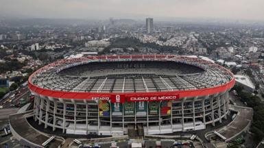 An aerial view of the exterior of the Azteca Stadium 