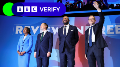 Conservative MPs and leadership candidates Kemi Badenoch, Robert Jenrick, James Cleverly and Tom Tugendhat standing together on the stage at the Conservative Party conference. All four are wearing blue. Tugendhat is waving. The BBC Verify logo is in the top left.