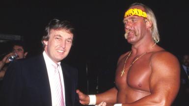 Donald Trump and World Champion Wrestler Hulk Hogan shake hands at Wrestlemania Vl Convention Hall in Atlantic City, New Jersey, on 29 March 1987