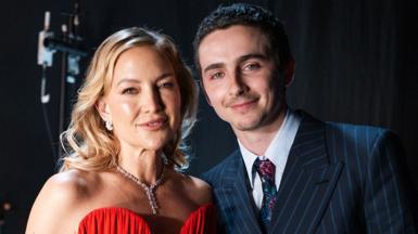 Kate Hudson and Timothée Chalamet attend the 31st Annual Critics Choice Awards at Barker Hangar on January 04, 2026 in Santa Monica, California