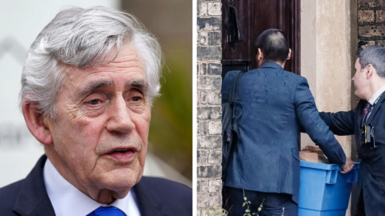 Gordon Brown (left) spoke as the Metropolitan police concluded a search of properties linked to Mandelson (right)