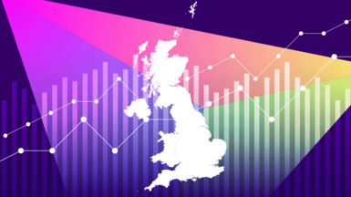 An illustration showing an outline of the UK and bar and line charts