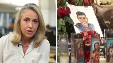 On the left, a TV presenter wearing a white shirt; on the right, a memorial.