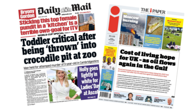The headline on the front page of the Daily Mail reads: “Toddler critical after being 'thrown' into crocodile pit at zoo”. The headline on the front page of the i Paper reads: “Cost of living hope for UK - as oil flows again in the Gulf”.