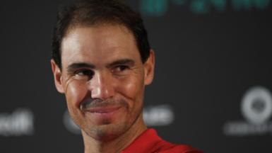 Rafael Nadal smiles during a news conference for the Spain team at the Davis Cup Finals