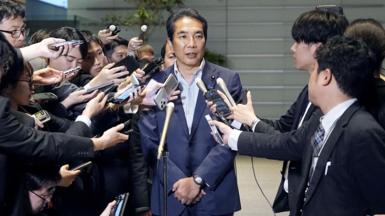 Japan's Agriculture, Forestry and Fisheries Minister Taku Eto speaks to the media after a meeting with Prime Minister Shigeru Ishiba over his controversial comments about receiving rice from supporters, Tokyo, Japan 19 May, 2025.
