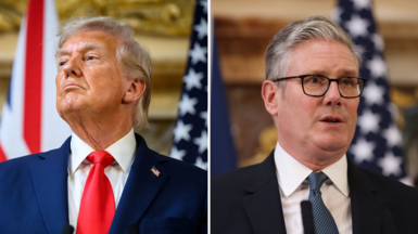 Trump is seen on the left, wearing a red tie and his usual pin featuring the American flag. Starmer is on the right, wearing his customary black-rimmed glasses.