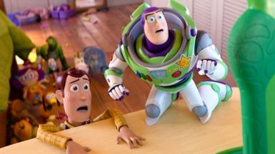 Woody and Buzz Lightyear looking scared of the digital tablet known as Lilypad