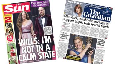 A composite image of the front pages of the Sun and the Guardian on 23 February 2026