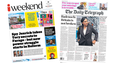 A composite image of the front pages of The i Paper and the Daily Telegraph. "Spy Jenrick takes Tory secrets to Farage - but new power struggle starts in Reform" reads the headline of the former and "Badenoch: Britain is not broken" reads the headline of the latter.