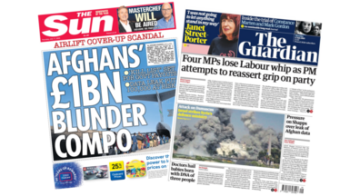 The Sun has the headline "Afghan's £1bn blunder" and "Four MPs lose the Labour whip as PM attempts to reassert grip on party" states the front page of the Guardian.