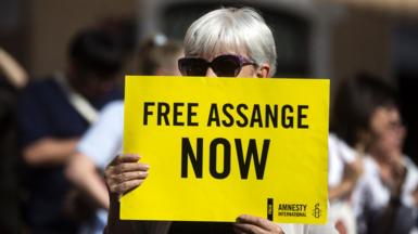 A protester holds a Julian Assange placard